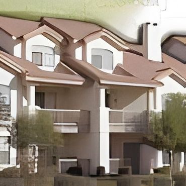 A stylish three-story house with a brown roof and balconies