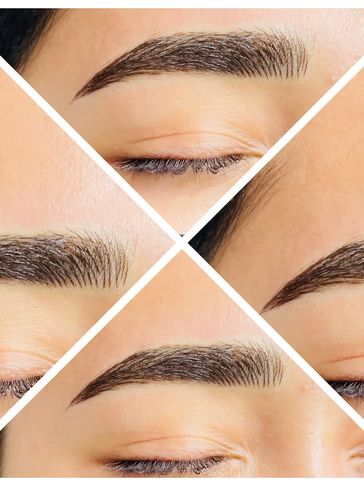 Close-up collage of well-groomed, shapely eyebrows on closed eyes.