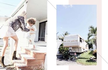 Editorial layout of woman picking up baby