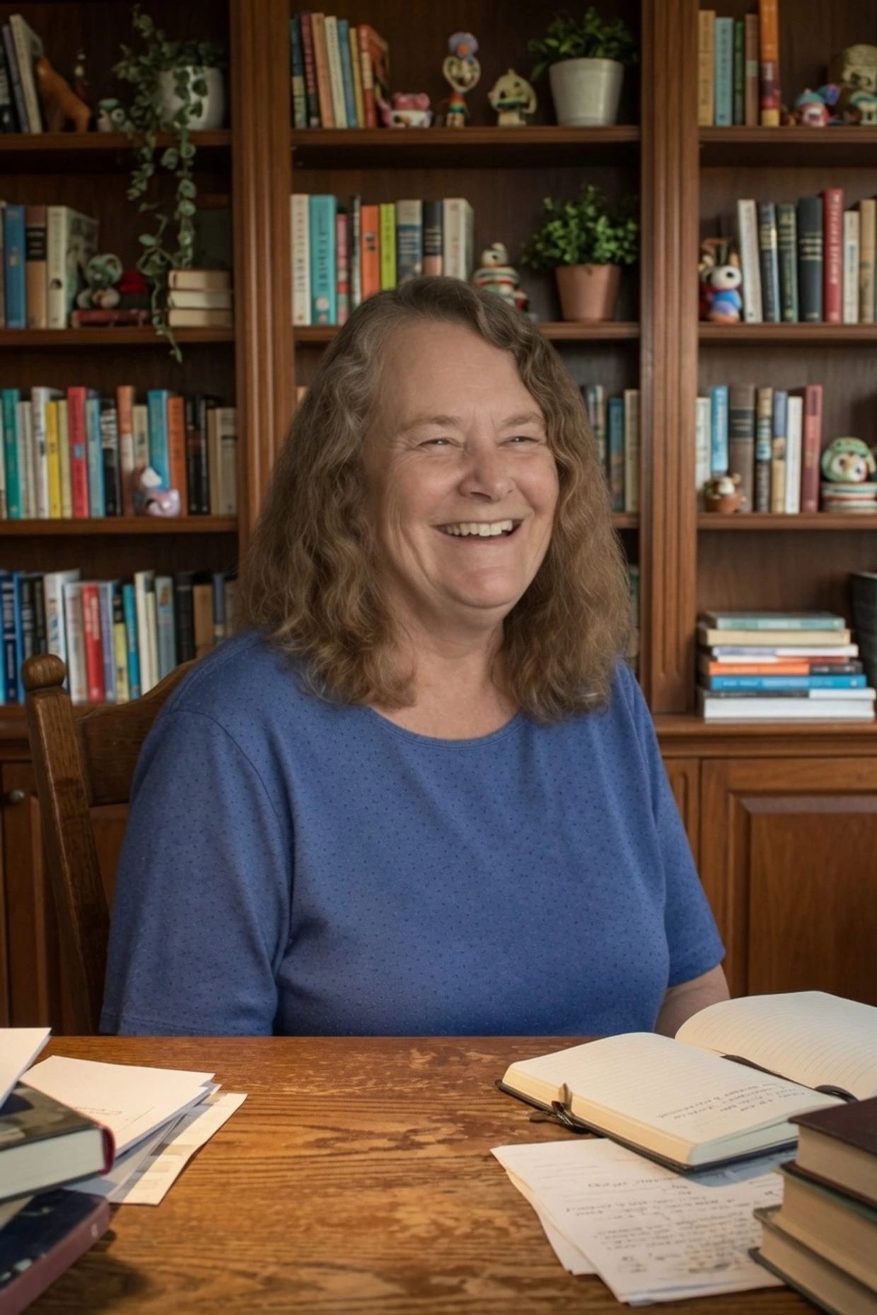 Smiling woman sitting at a desk with books and notes.