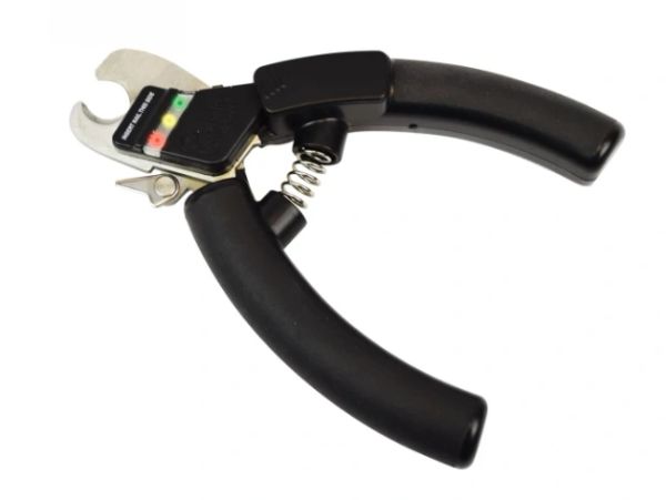 Digital wire stripper with black handles and a spring mechanism.
