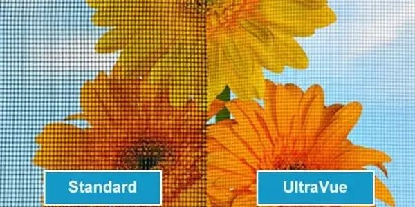 comparison of standard fiberglass screen vs phifers ultravue screen - side by side flower behind