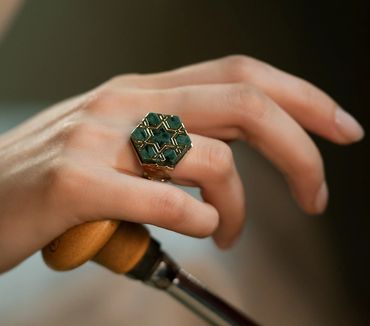 Fumul hexagonal green marble ring is a unique design and master craftsmanship handmade jewelry.