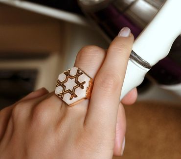 Fumul hexagonal pink marble ring is a unique design and master craftsmanship handmade jewelry.