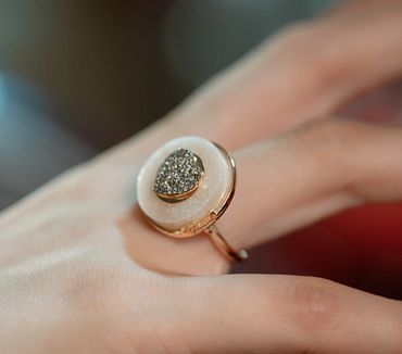 Fumul jewelry unique design talisman pink marble in this diamond heart ring in 14k rose gold.