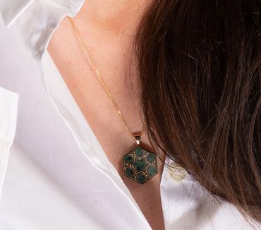 Fumul hexagonal green marble necklace has an Anatolian Tulip motif, and master craftsmanship.