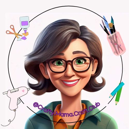 Cartoon woman with glasses surrounded by crafting tools and art supplies.