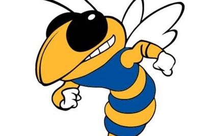 Cartoon yellow and blue hornet flying aggressively.