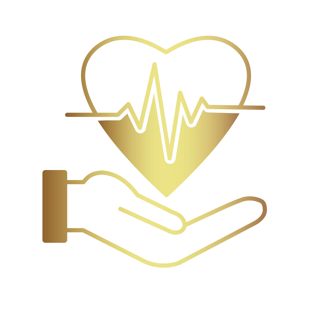 Gold hand holding a heart with heartbeat line icon.