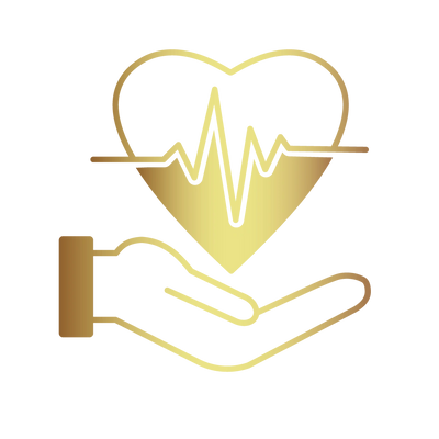 Gold hand holding a heart with heartbeat line icon.