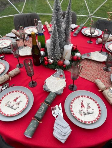Christmas themed group dining table set up with table decorations.
