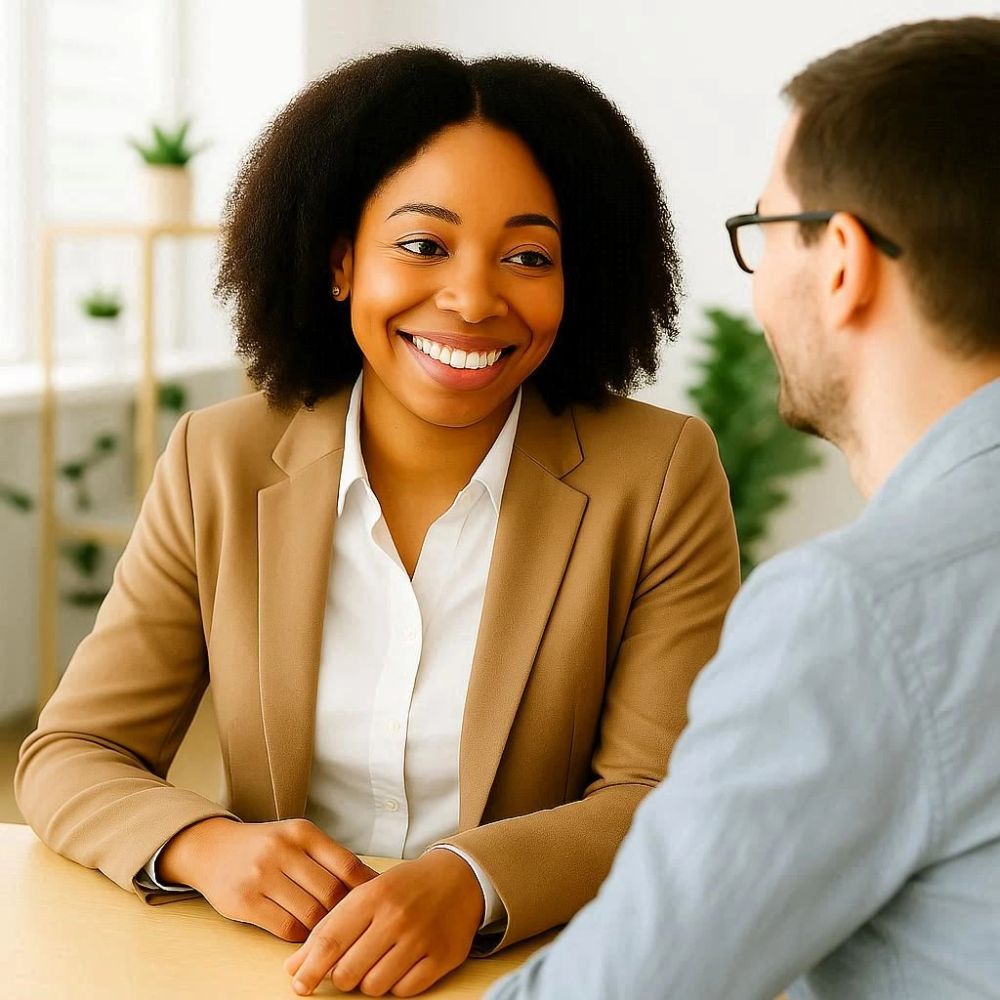 A smiling woman in a tan blazer converses with a man wearing glasses.