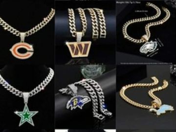Gold and silver chains with NFL team logo pendants.