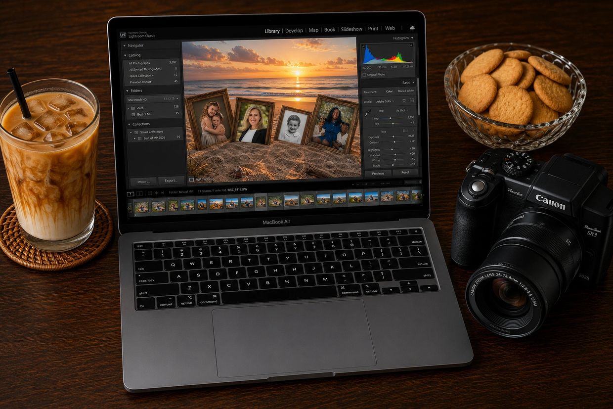 A photographer desk. Iced Coffee, Macbook working on Lightroom, Benne Waffers in a bowl and the Can