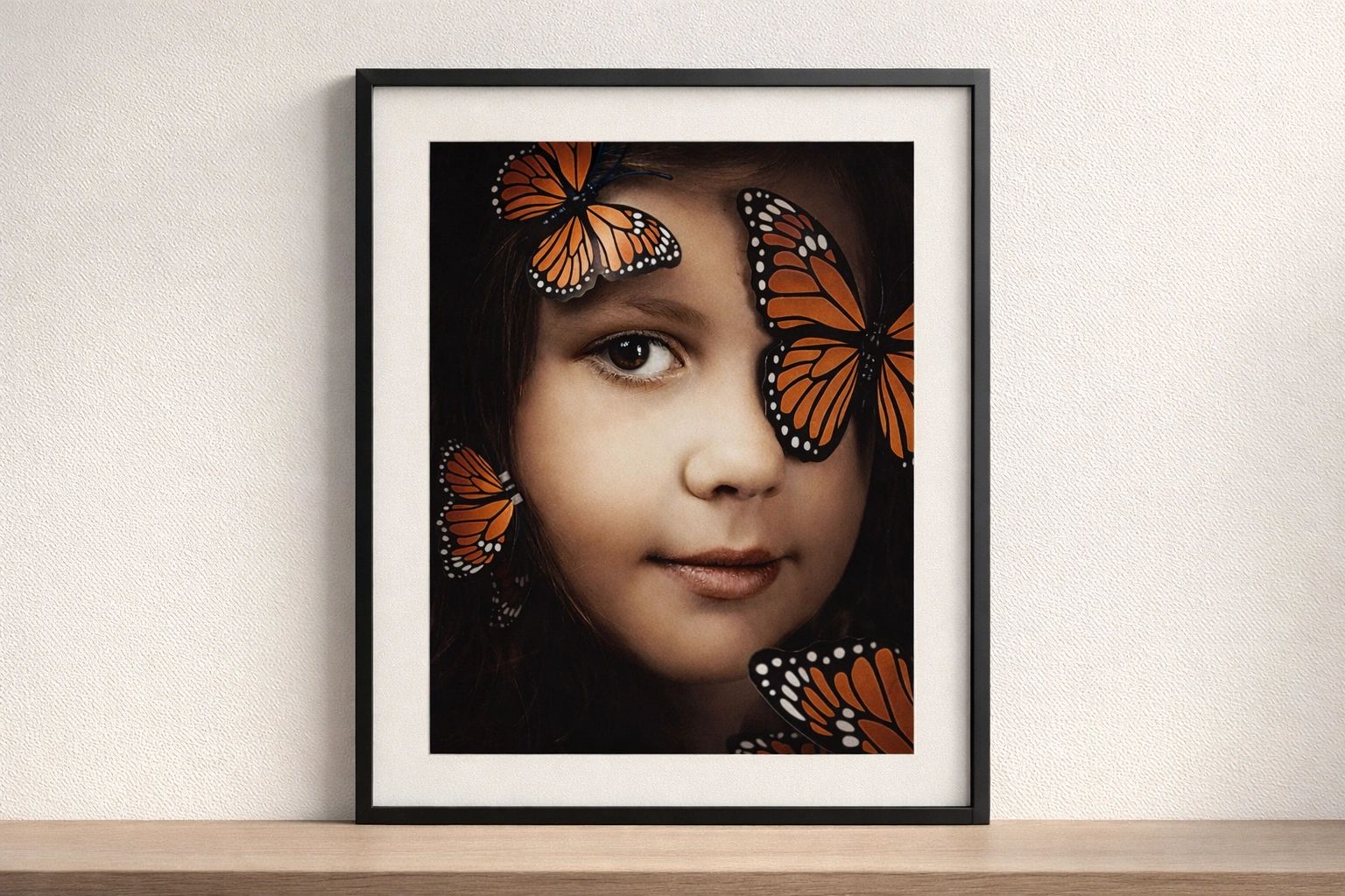 Framed Fine Art editorial portrait of a young girl with butterflies, displayed as wall art in a neut