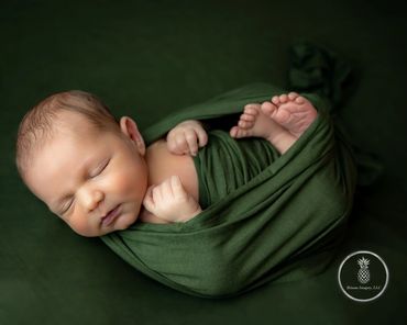 Fine Art Newborn Portrait Charleston SC. Baby wrapped in womb pose on green backdrop.