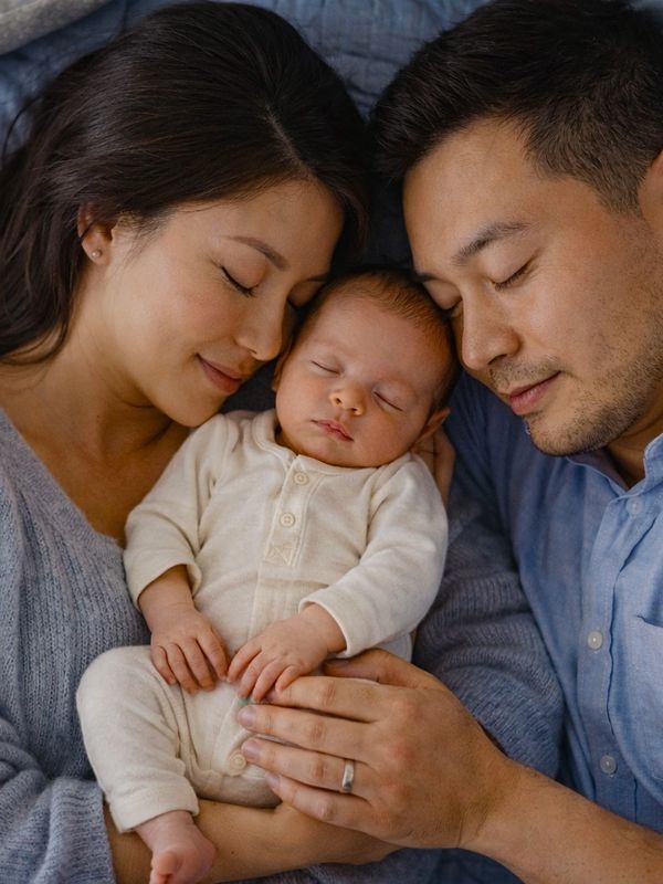 asian man and woman lay on a bed with newborn baby between them. In home Newborn Charleston SC