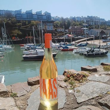 A bottle of wine on a stone ledge with a marina and boats in the background.