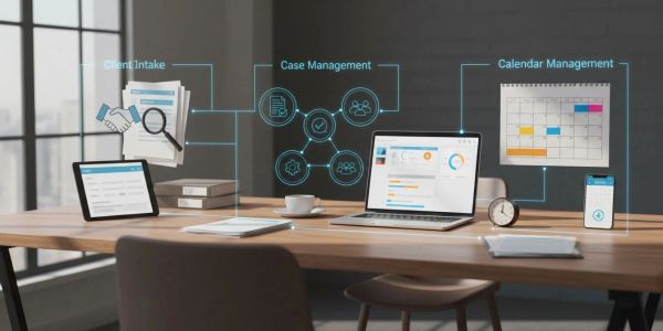 Workspace showing digital tools for client intake, case management, and calendar management.
