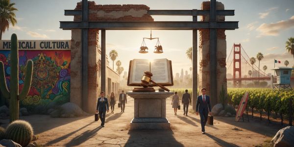 Surreal scene with giant law book and scales under an archway, people walking by.