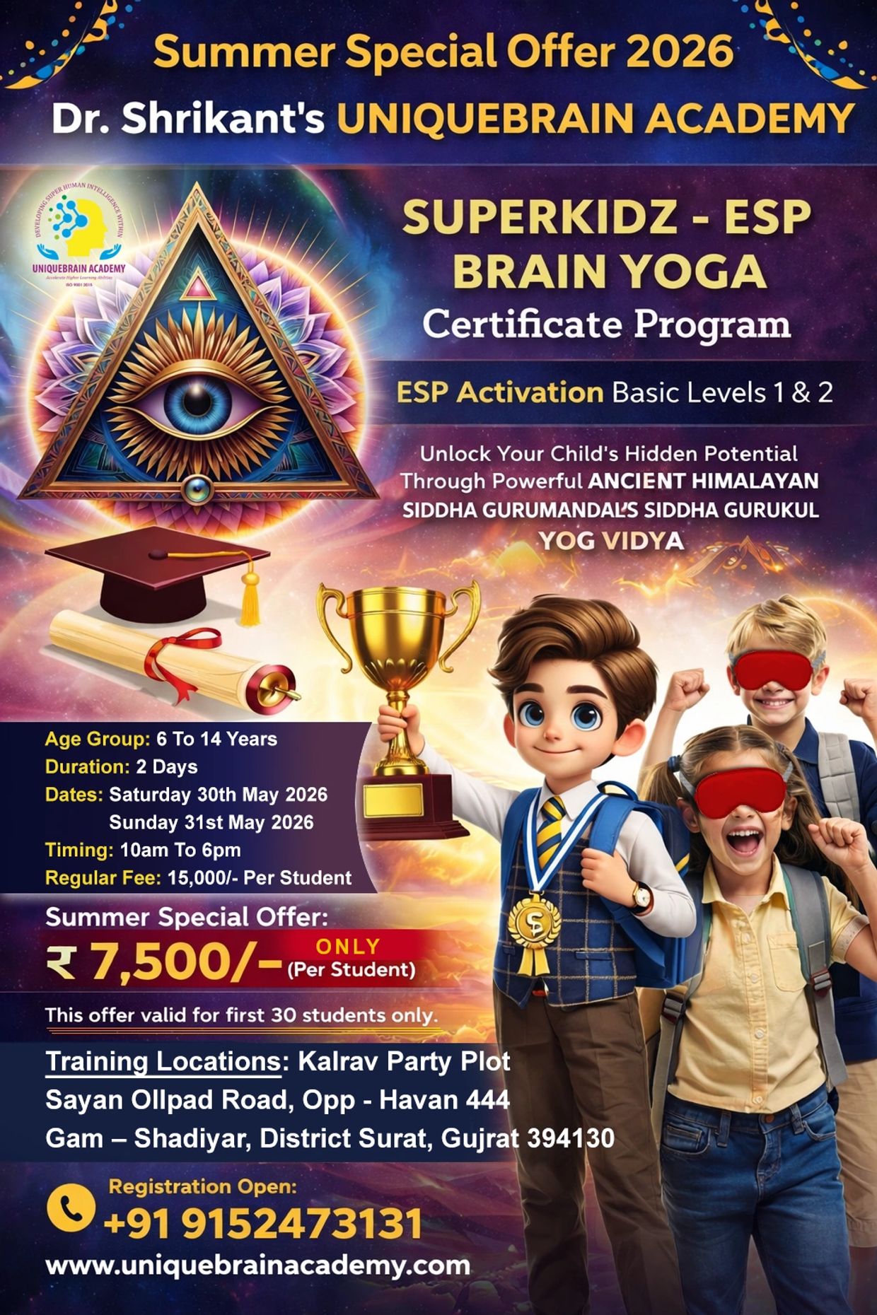 Summer 2026 ESP Brain Yoga program for kids aged 6-14 with special fees and registration info.