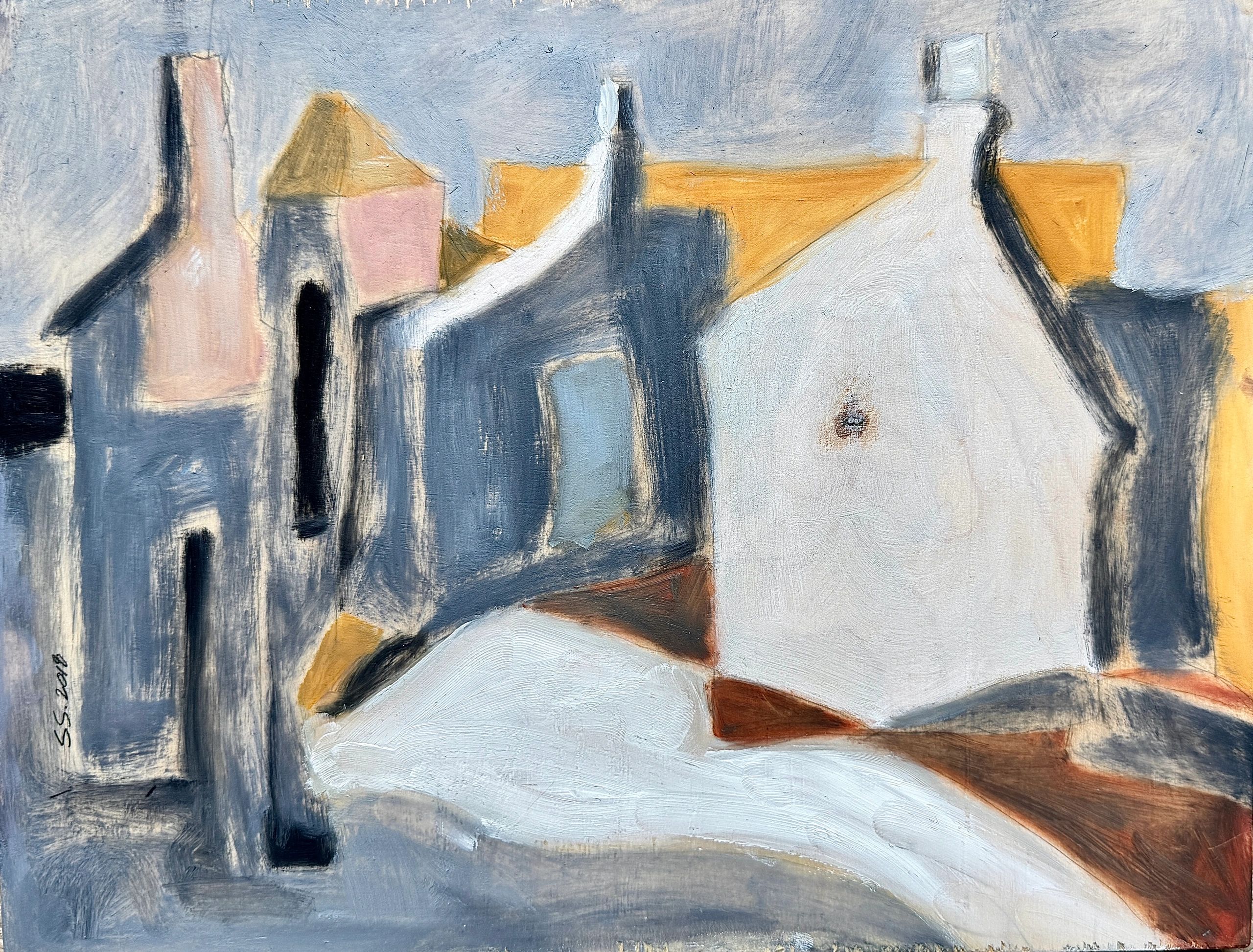 Grey Cottages with Yellow Background-2017
Oil on Board
12x16