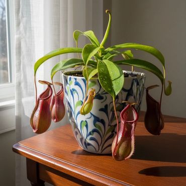 A potted pitcher plant with vibrant green leaves and red pitchers on a wooden table.