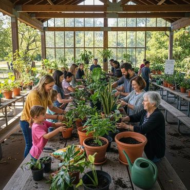 A diverse group potting plants together in a bright greenhouse.