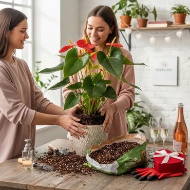 A couple planting a Anthurium for Valetines day