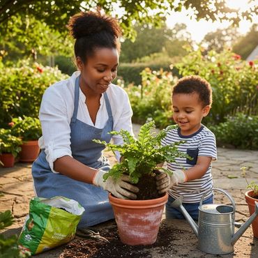 A woman and her son planting a fern for in doors. Great mothers day gift. plant a plant with your family or friends