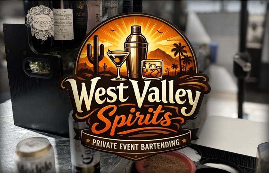 Mobile bartending bar top at a private event in the West Valley with the West Valley Spirits logo