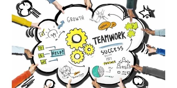 Hands holding a teamwork and growth brainstorming cloud illustration.