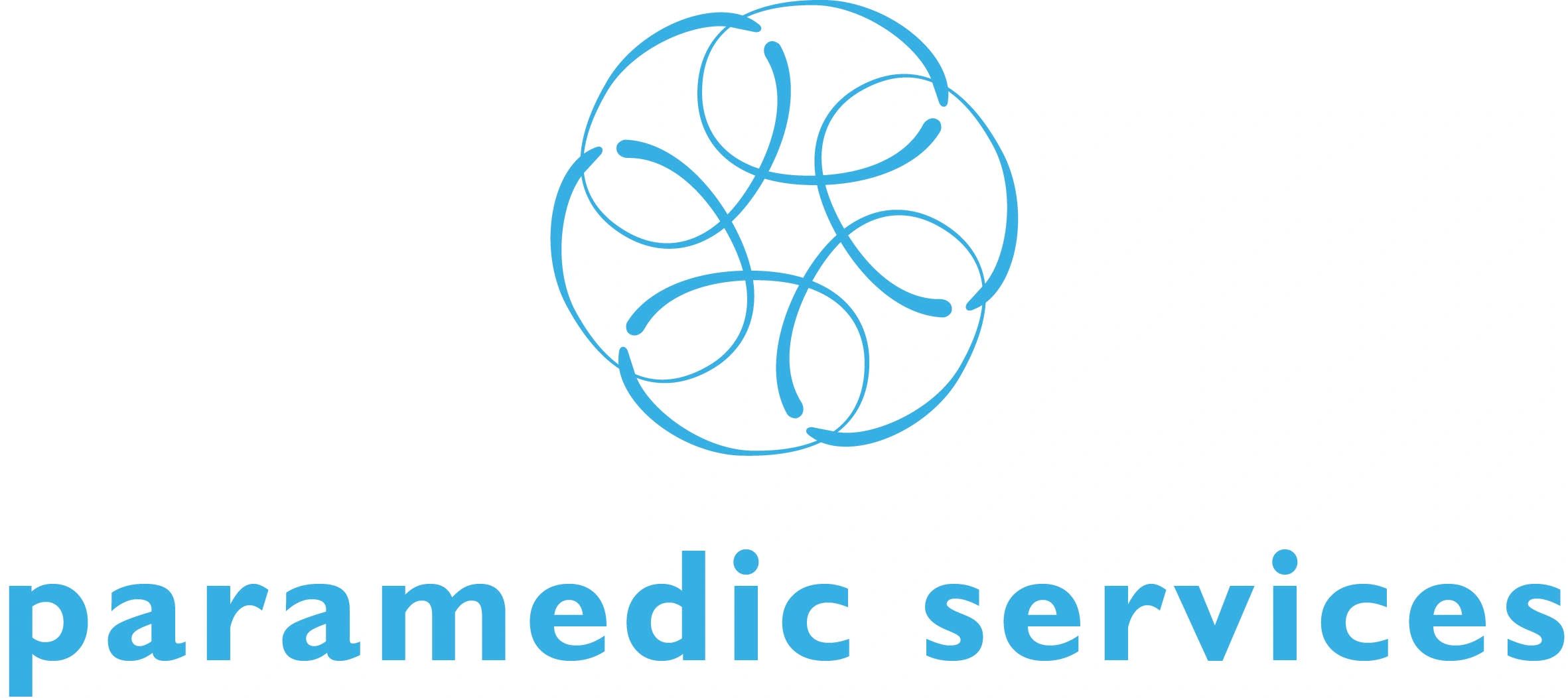 Blue abstract circular symbol with 'paramedic services' text.