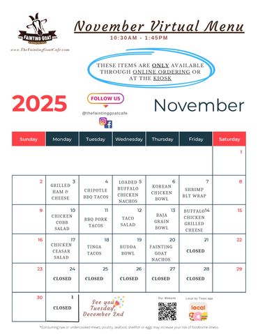 fainting goat, menu, cafe, burger, sandwich, food, goat, Nashville, specials, lunch, tacos, fast, go