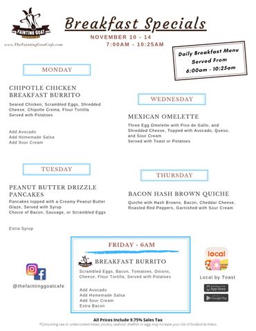 fainting goat, menu, cafe, breakfast, pancakes, sandwich, food, goat, Nashville, specials, fast, go