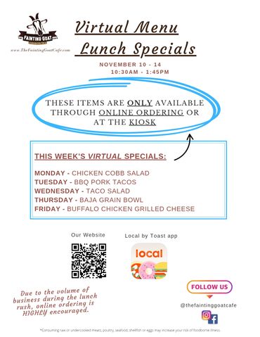 fainting goat, menu, cafe, burger, sandwich, food, goat, Nashville, specials, lunch, tacos, fast, go