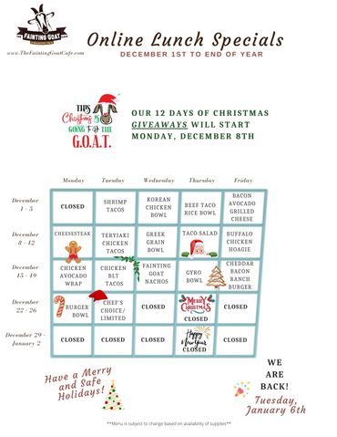 fainting goat, menu, cafe, burger, sandwich, food, goat, Nashville, specials, lunch, tacos, fast, go