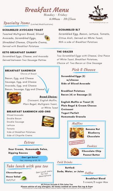 fainting goat, menu, cafe, breakfast, pancakes, sandwich, food, goat, Nashville, specials, fast, go