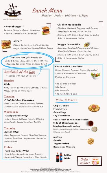 fainting goat, menu, cafe, burger, sandwich, food, goat, Nashville, specials, lunch, tacos, fast, go