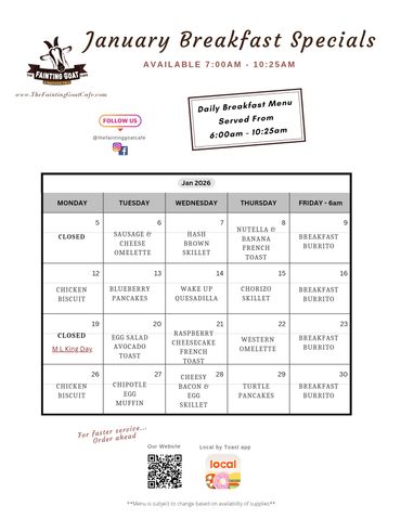 fainting goat, menu, cafe, breakfast, pancakes, sandwich, food, goat, Nashville, specials, fast, go