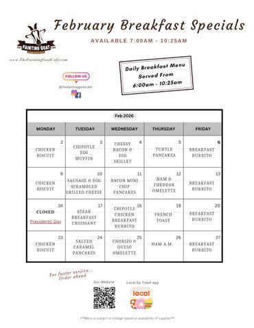 fainting goat, menu, cafe, breakfast, pancakes, sandwich, food, goat, Nashville, specials, fast, go