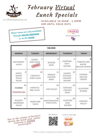 fainting goat, menu, cafe, burger, sandwich, food, goat, Nashville, specials, lunch, tacos, fast, go