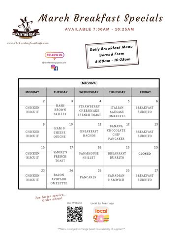 fainting goat, menu, cafe, breakfast, pancakes, sandwich, food, goat, Nashville, specials, fast, go