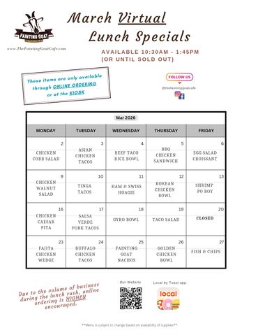 fainting goat, menu, cafe, burger, sandwich, food, goat, Nashville, specials, lunch, tacos, fast, go