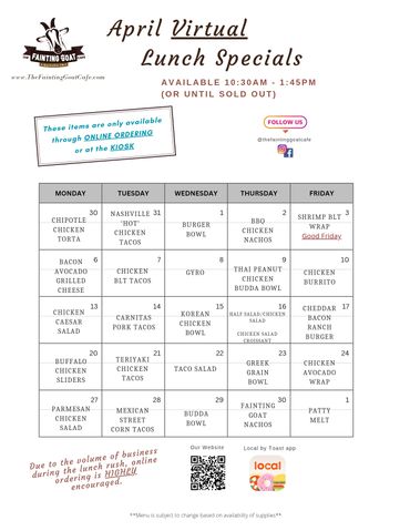 fainting goat, menu, cafe, burger, sandwich, food, goat, Nashville, specials, lunch, tacos, fast, go