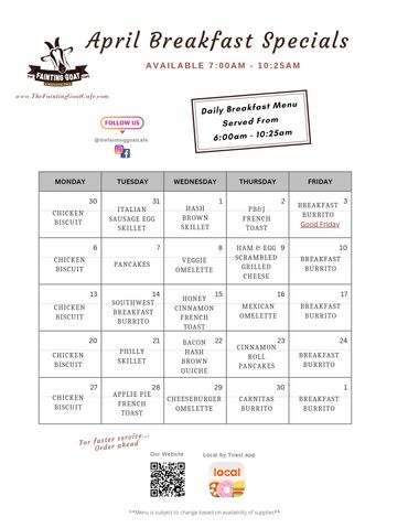 fainting goat, menu, cafe, breakfast, pancakes, sandwich, food, goat, Nashville, specials, fast, go