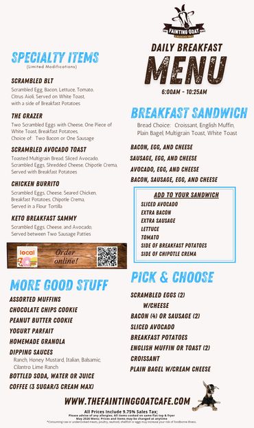 fainting goat, menu, cafe, breakfast, pancakes, sandwich, food, goat, Nashville, specials, fast, go