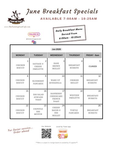 fainting goat, menu, cafe, breakfast, pancakes, sandwich, food, goat, Nashville, specials, fast, go