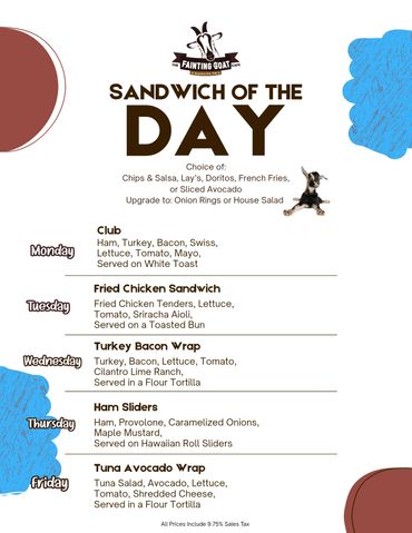 fainting goat, menu, cafe, burger, sandwich, food, goat, Nashville, specials, lunch, tacos, fast, go