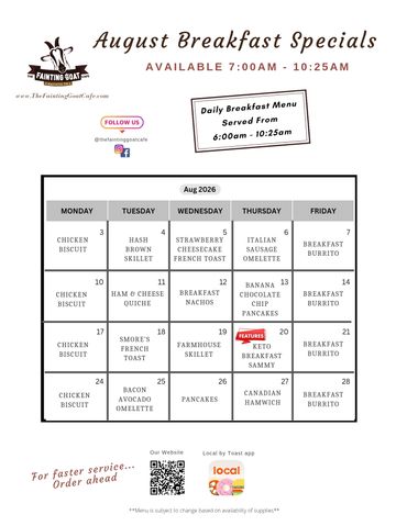 fainting goat, menu, cafe, breakfast, pancakes, sandwich, food, goat, Nashville, specials, fast, go